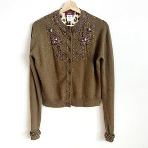 Whistles Sweater Size Large Cardigan Lambswool Angora Beaded Green Pinup Retro